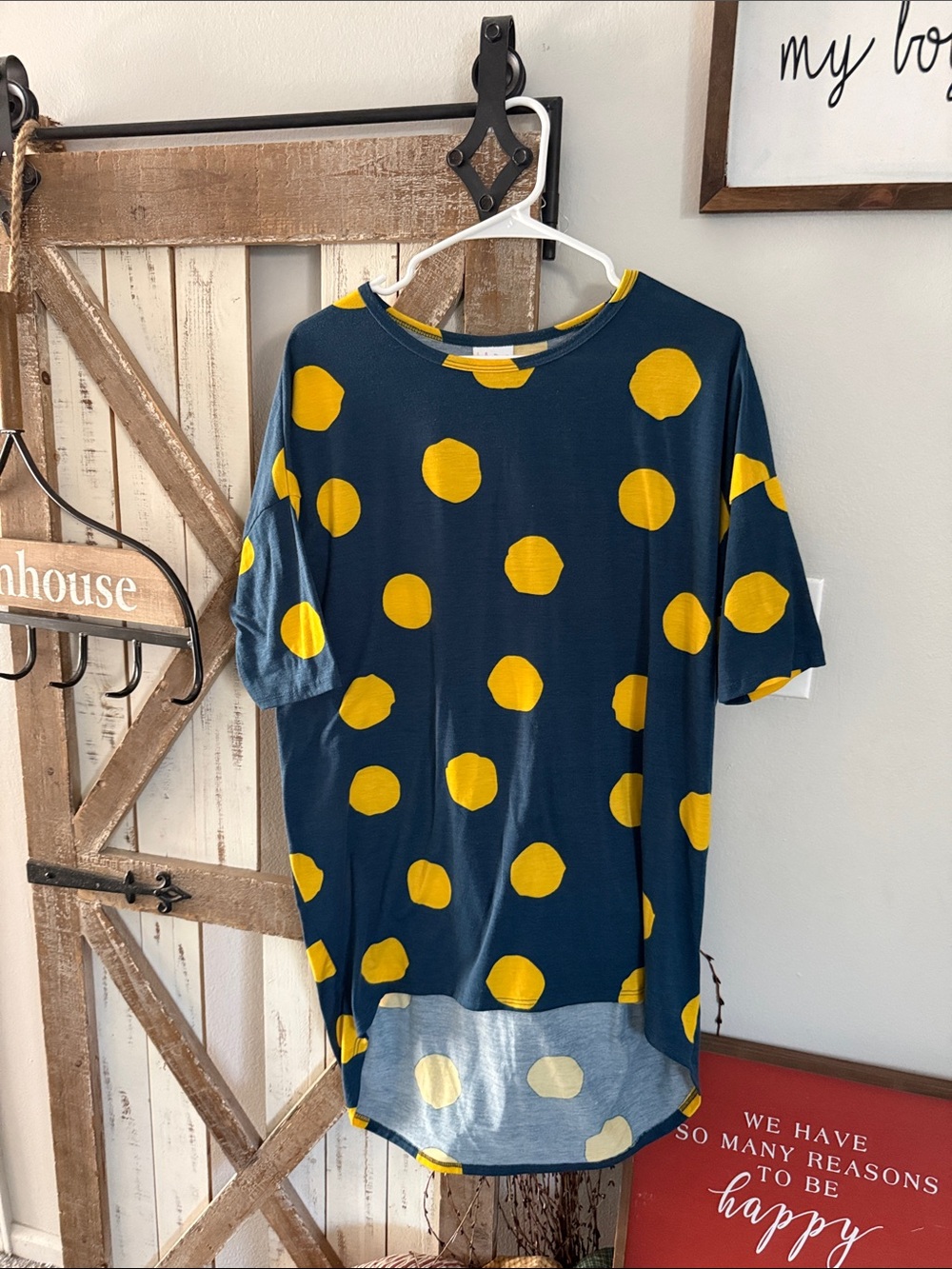 LuLaRoe Navy Top with Yellow Polka Dots